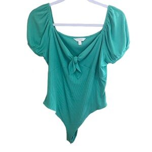 LC Lauren Conrad XL Puff Sleeve Front-Knot Bodysuit Aqua Teal Green Coquette GUC